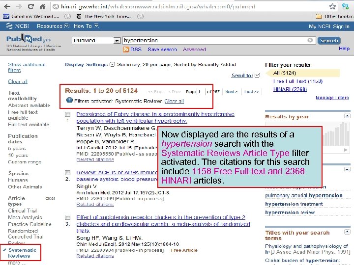 Now displayed are the results of a hypertension search with the Systematic Reviews Article