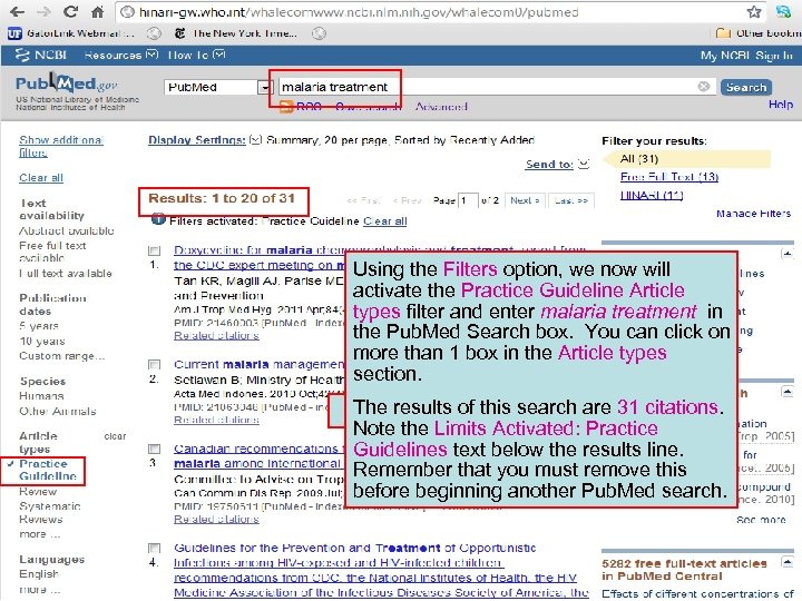 Using the Filters option, we now will activate the Practice Guideline Article types filter