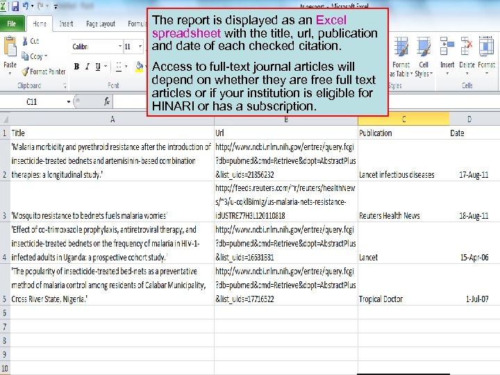 The report is displayed as an Excel spreadsheet with the title, url, publication and