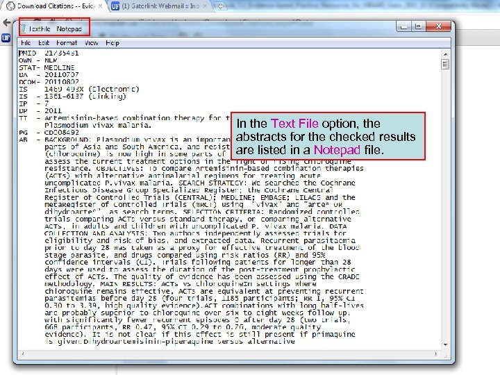 In the Text File option, the abstracts for the checked results are listed in