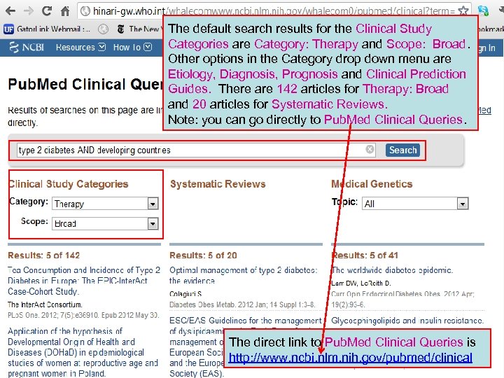 The default search results for the Clinical Study Categories are Category: Therapy and Scope: