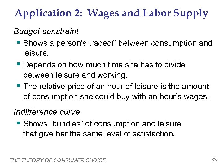 Application 2: Wages and Labor Supply Budget constraint § Shows a person’s tradeoff between