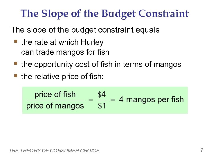 The Slope of the Budget Constraint The slope of the budget constraint equals §