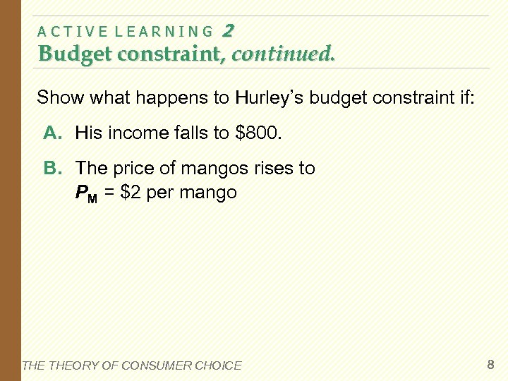 ACTIVE LEARNING 2 Budget constraint, continued. Show what happens to Hurley’s budget constraint if: