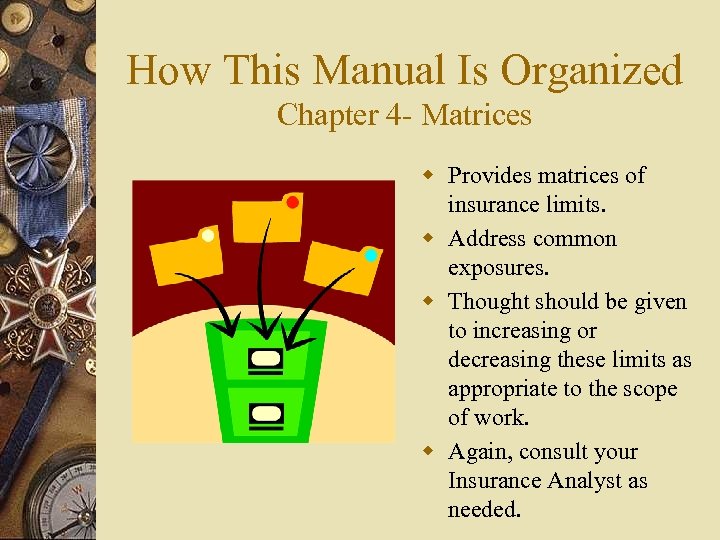 How This Manual Is Organized Chapter 4 - Matrices w Provides matrices of insurance