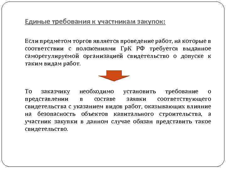Единые требования к участникам закупок: Если предметом торгов является проведение работ, на которые в