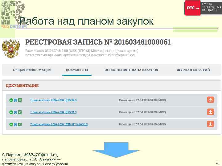 Работа над планом закупок О. Паршин, 6962470@mail. ru, rts. rostender. ru. «САП: Закупки» —