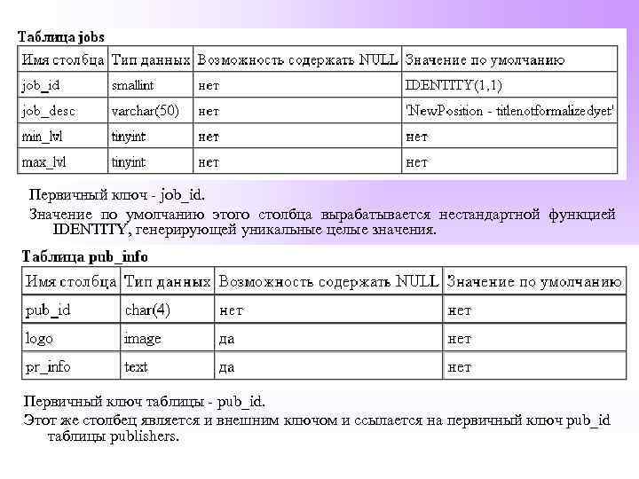 Первичный ключ - job_id. Значение по умолчанию этого столбца вырабатывается нестандартной функцией IDENTITY, генерирующей