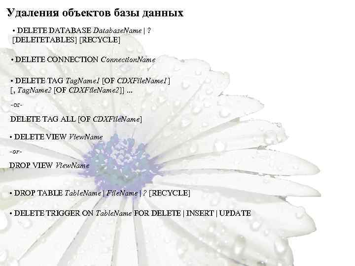 Удаления объектов базы данных • DELETE DATABASE Database. Name | ? [DELETETABLES] [RECYCLE] •