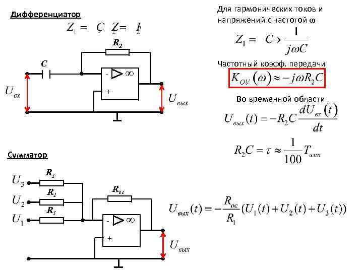 Для гармонических токов и напряжений c частотой ω Дифференциатор R 2 С Частотный коэфф.