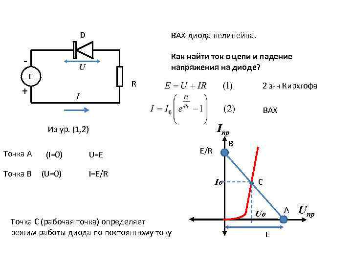 D U E ВАХ диода нелинейна. Как найти ток в цепи и падение напряжения