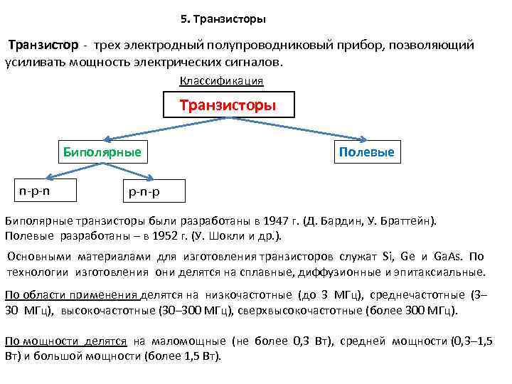 5. Транзисторы Транзистор - трех электродный полупроводниковый прибор, позволяющий усиливать мощность электрических сигналов. Классификация