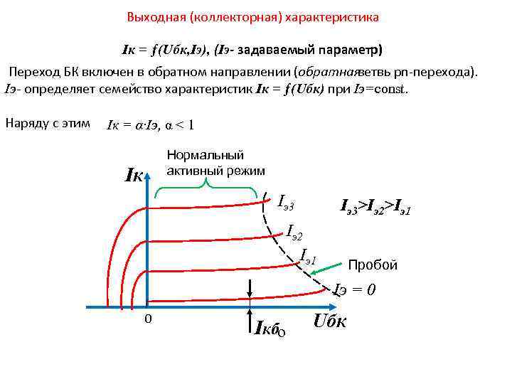 Выходная (коллекторная) характеристика Iк = ƒ(Uбк, Iэ), (Iэ- задаваемый параметр) Переход БК включен в