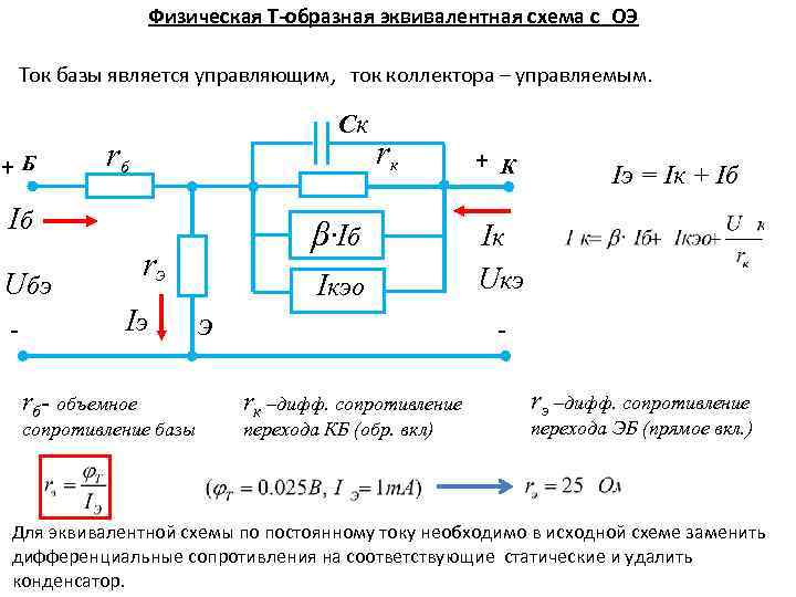 Физическая Т-образная эквивалентная схема с ОЭ Ток базы является управляющим, ток коллектора – управляемым.
