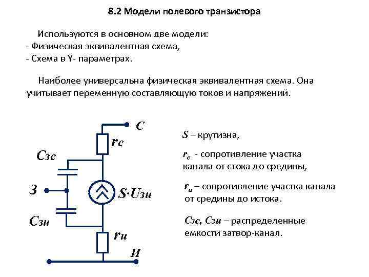 8. 2 Модели полевого транзистора Используются в основном две модели: - Физическая эквивалентная схема,