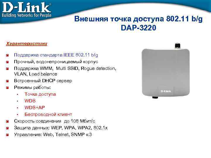 Внешняя точка доступа 802. 11 b/g DAP-3220 Характеристики ◙ ◙ ◙ ◙ Поддержка стандарта