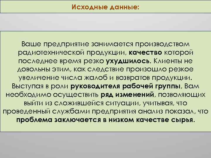 Исходные данные: Ваше предприятие занимается производством радиотехнической продукции, качество которой последнее время резко ухудшилось.