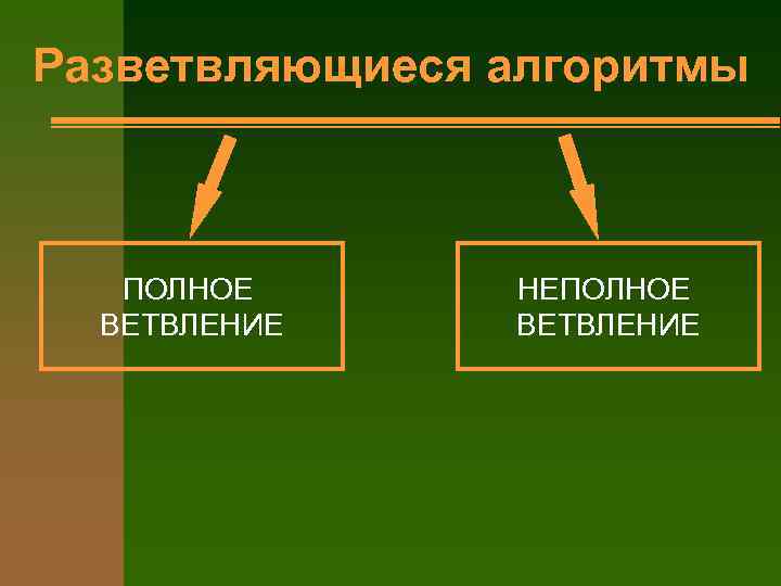 Разветвляющиеся алгоритмы ПОЛНОЕ ВЕТВЛЕНИЕ НЕПОЛНОЕ ВЕТВЛЕНИЕ 