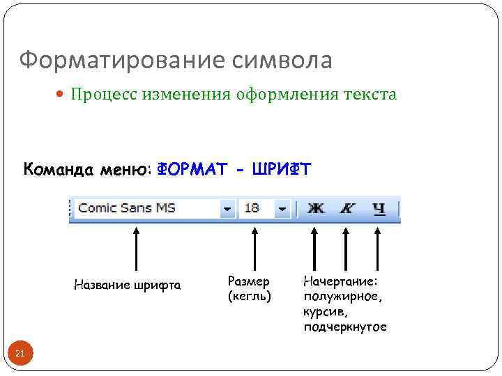 Форматирование символа Процесс изменения оформления текста Команда меню: ФОРМАТ - ШРИФТ Название шрифта 21