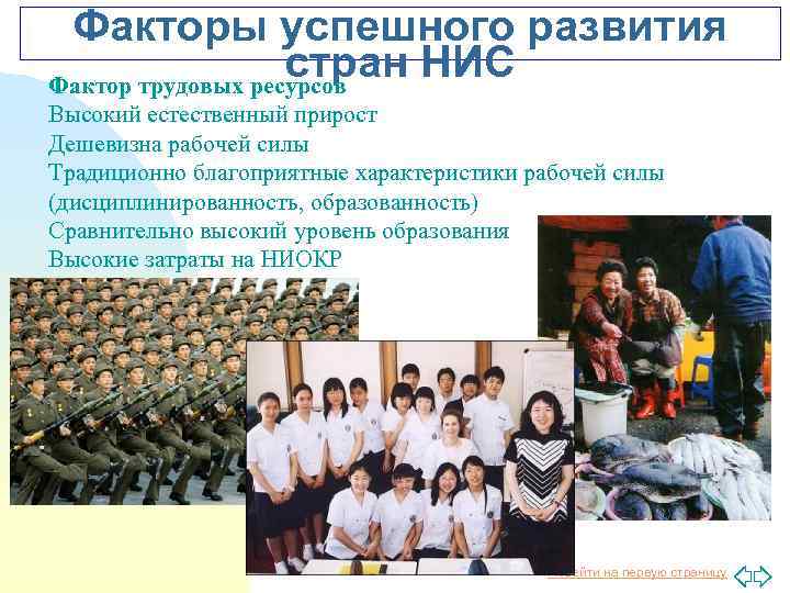 Факторы успешного развития стран НИС Фактор трудовых ресурсов Высокий естественный прирост Дешевизна рабочей силы
