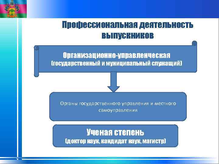 Профессиональная деятельность выпускников Организационно-управленческая (государственный и муниципальный служащий) Органы государственного управления и местного самоуправления