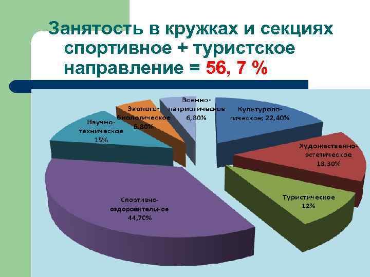 Занятость в кружках и секциях спортивное + туристское направление = 56, 7 % 