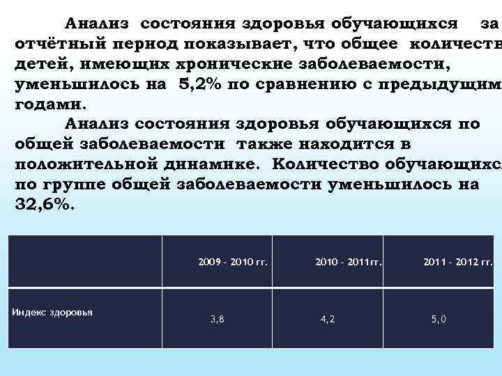 Анализ состояния здоровья обучающихся за отчётный период показывает, что общее количеств детей, имеющих хронические