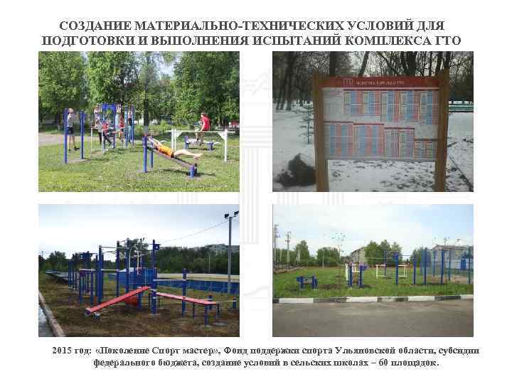 СОЗДАНИЕ МАТЕРИАЛЬНО-ТЕХНИЧЕСКИХ УСЛОВИЙ ДЛЯ ПОДГОТОВКИ И ВЫПОЛНЕНИЯ ИСПЫТАНИЙ КОМПЛЕКСА ГТО 2015 год: «Поколение Спорт