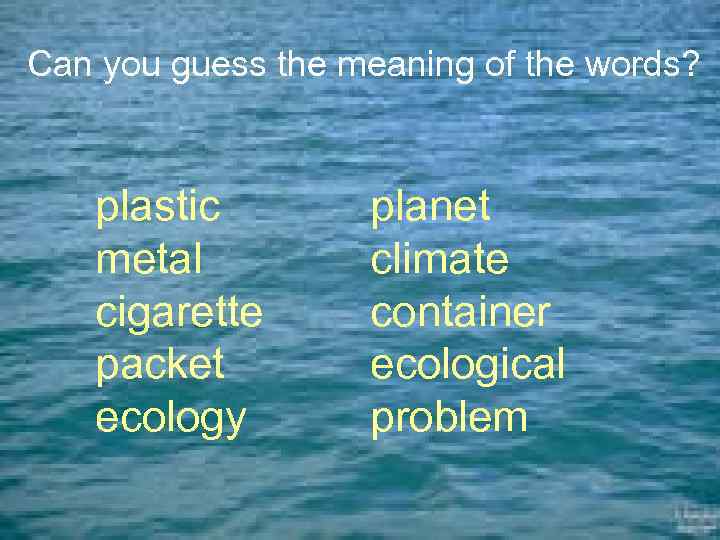 Can you guess the meaning of the words? plastic metal cigarette packet ecology planet