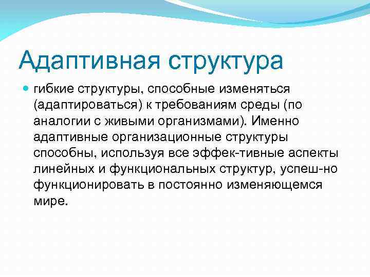 Адаптивная структура гибкие структуры, способные изменяться (адаптироваться) к требованиям среды (по аналогии с живыми