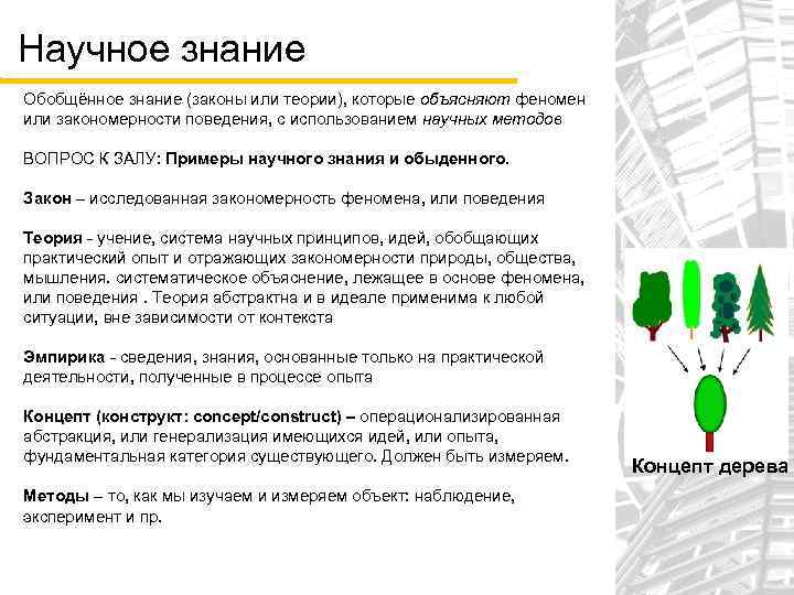 Научное знание Обобщённое знание (законы или теории), которые объясняют феномен или закономерности поведения, с