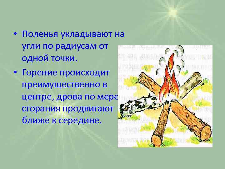  • Поленья укладывают на угли по радиусам от одной точки. • Горение происходит