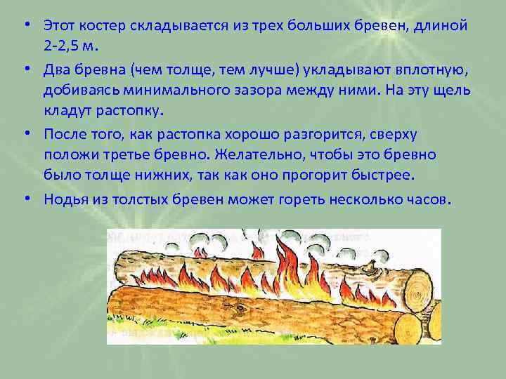  • Этот костер складывается из трех больших бревен, длиной 2 2, 5 м.