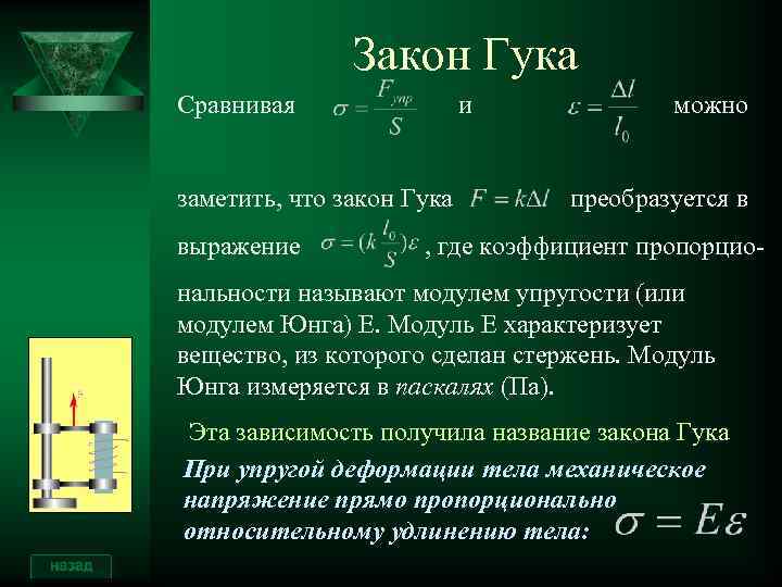 Закон Гука Сравнивая и можно заметить, что закон Гука преобразуется в выражение , где