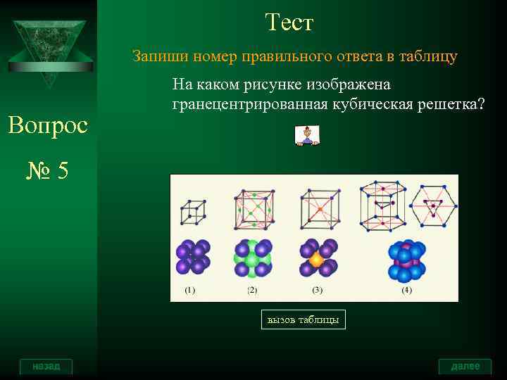 Тест Запиши номер правильного ответа в таблицу Вопрос На каком рисунке изображена гранецентрированная кубическая