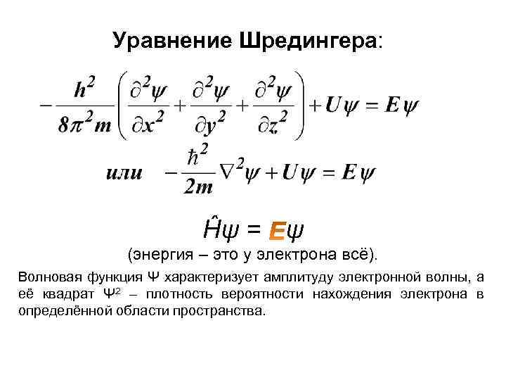 Уравнение Шредингера: Ĥψ = ψ (энергия – это у электрона всё). Волновая функция Ψ