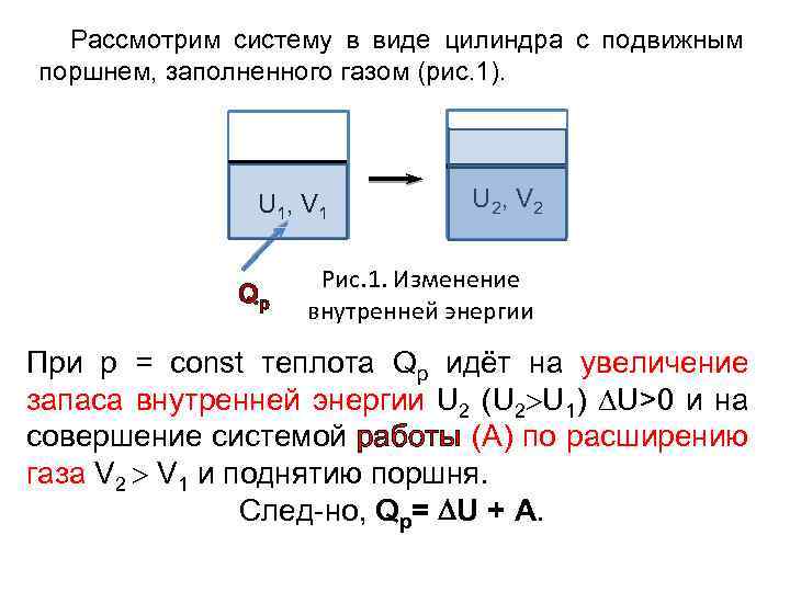 Рассмотрим систему в виде цилиндра с подвижным поршнем, заполненного газом (рис. 1). U 1,