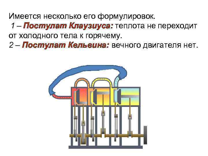 Имеется несколько его формулировок. 1 – Постулат Клаузиуса: теплота не переходит от холодного тела