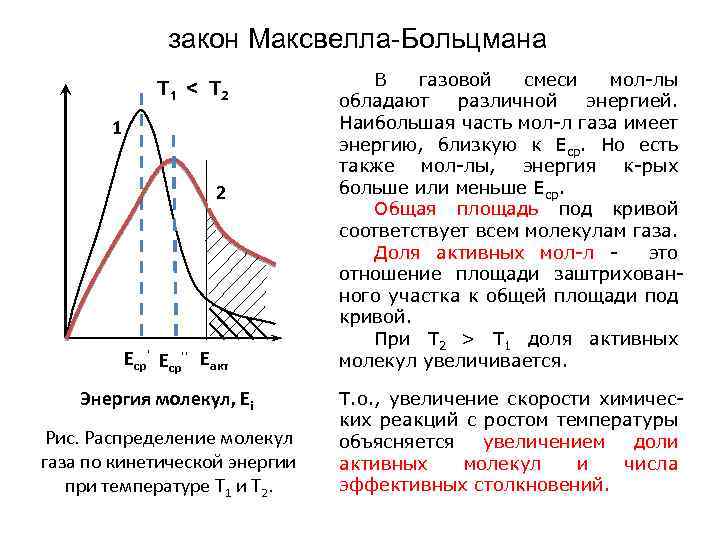 закон Максвелла-Больцмана T 1 < T 2 1 2 Еср'' Еакт Энергия молекул, Еi