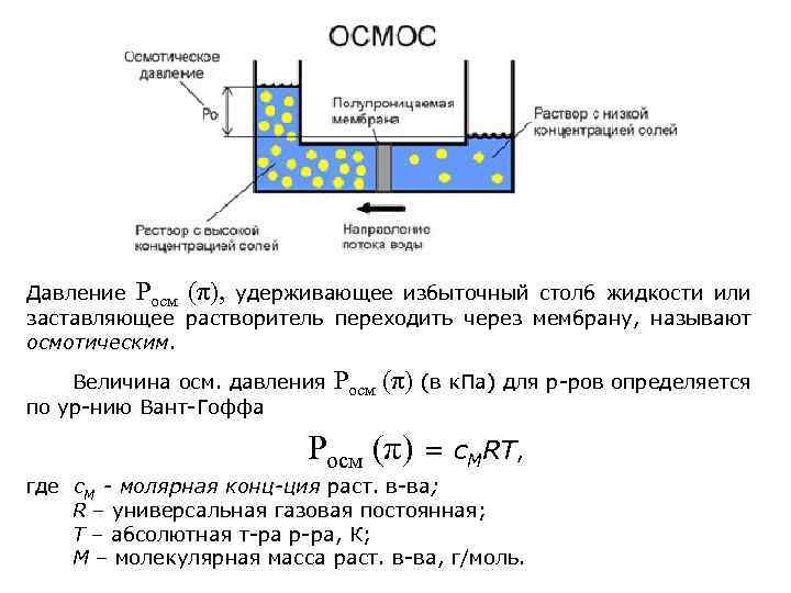 Давление Росм (π), удерживающее избыточный столб жидкости или заставляющее растворитель переходить через мембрану, называют