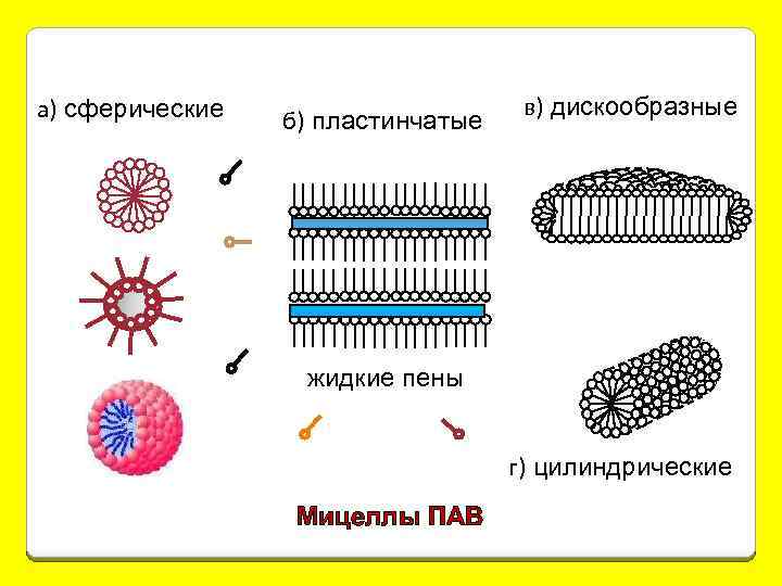 а) сферические б) пластинчатые в) дискообразные жидкие пены г) цилиндрические Мицеллы ПАВ 