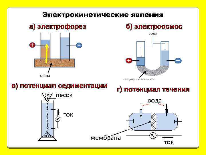 Электрокинетические явления а) электрофорез б) электроосмос в) потенциал седиментации песок г) потенциал течения вода