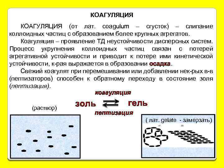 КОАГУЛЯЦИЯ (от лат. coagulum – сгусток) – слипание коллоидных частиц с образованием более крупных