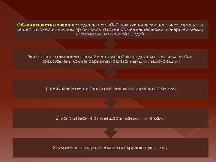 Обмен веществ и энергии представляет собой совокупность процессов превращения веществ и энергии в живых