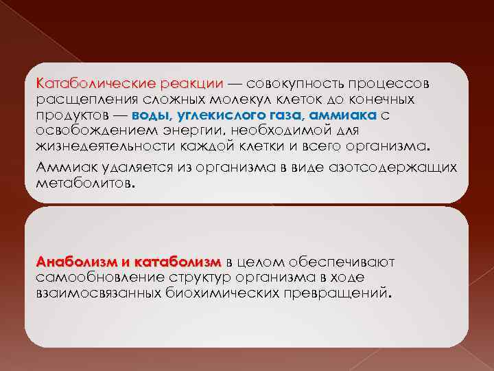 Катаболические реакции — совокупность процессов расщепления сложных молекул клеток до конечных продуктов — воды,