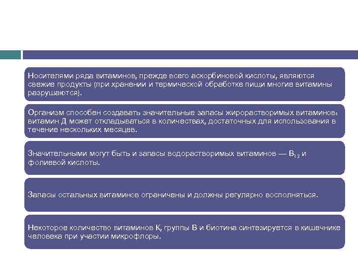 Носителями ряда витаминов, прежде всего аскорбиновой кислоты, являются свежие продукты (при хранении и термической