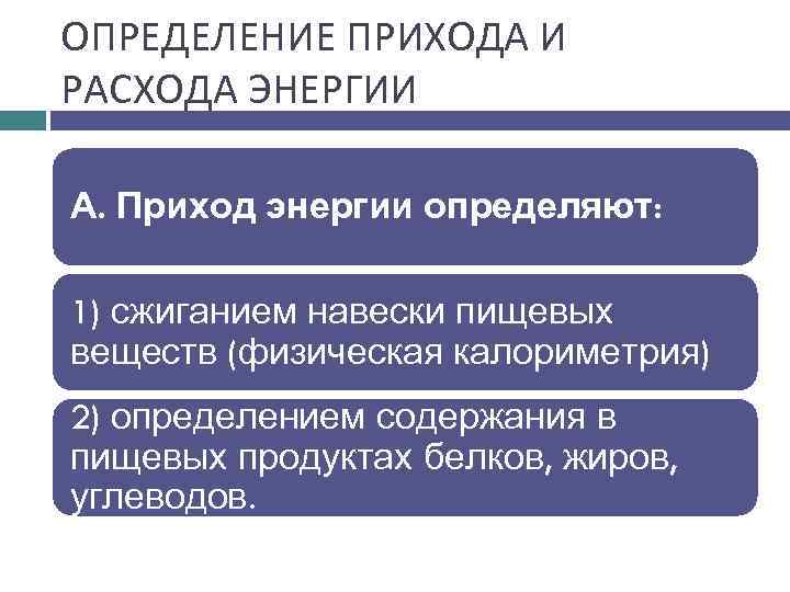 ОПРЕДЕЛЕНИЕ ПРИХОДА И РАСХОДА ЭНЕРГИИ А. Приход энергии определяют: 1) сжиганием навески пищевых веществ