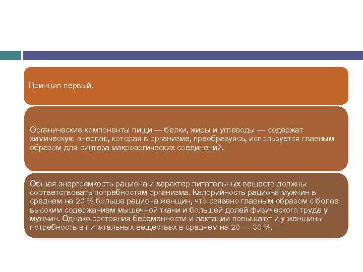 Принцип первый. Органические компоненты пищи — белки, жиры и углеводы — содержат химическую энергию,