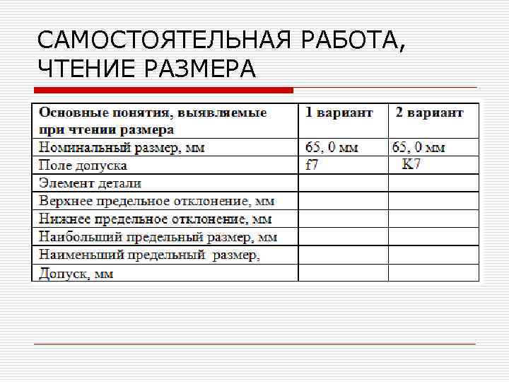 САМОСТОЯТЕЛЬНАЯ РАБОТА, ЧТЕНИЕ РАЗМЕРА 