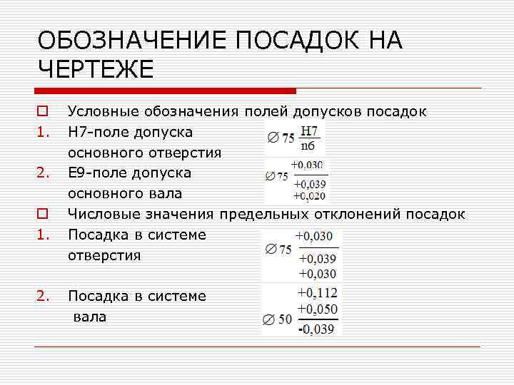 ОБОЗНАЧЕНИЕ ПОСАДОК НА ЧЕРТЕЖЕ o 1. 2. o 1. 2. Условные обозначения полей допусков
